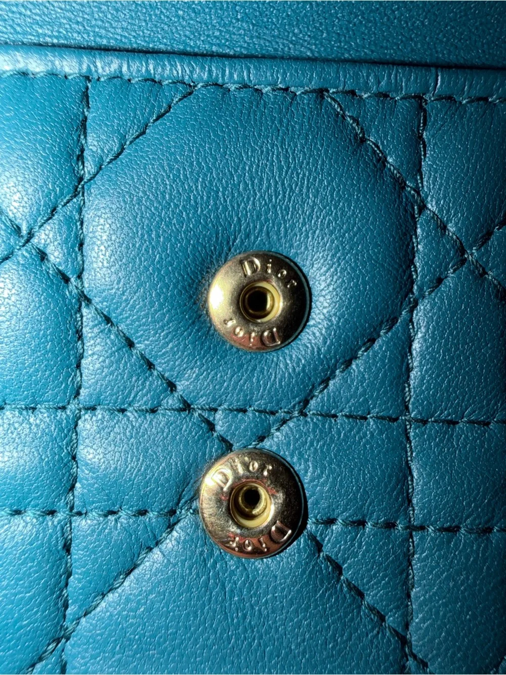 Dior Cannage Leather Double Flap Compact Teal Blue Wallet w/Gold-tone DIOR Charm
